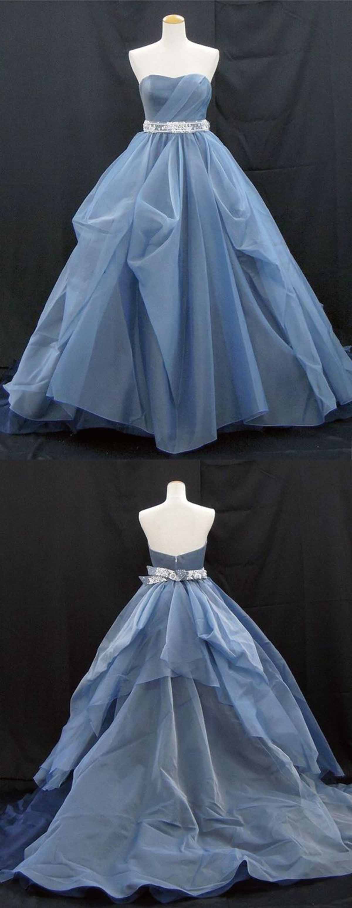 Sweetheart Neck Deep Blue Tulle Long A-line Formal Prom Dress With Lace Belt