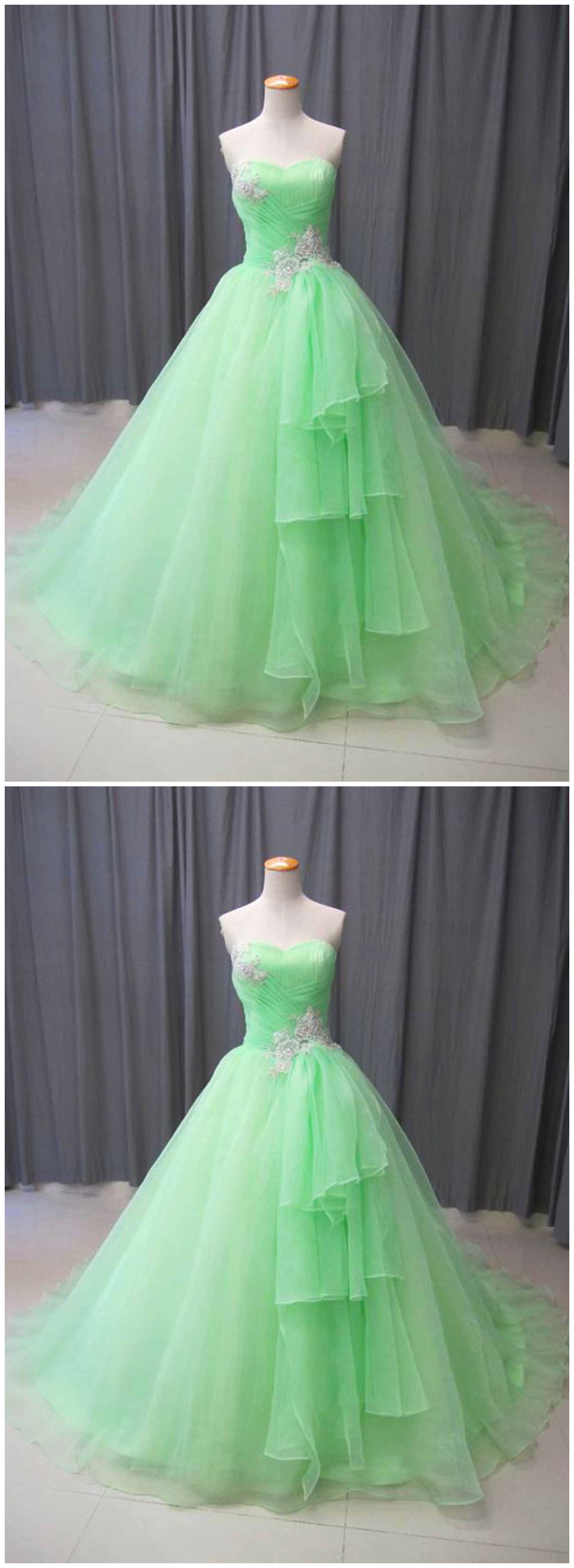Apple Green Tulle Sweetheart Neck Long Ruffles Evening Dress, Beaded Formal Prom Dress