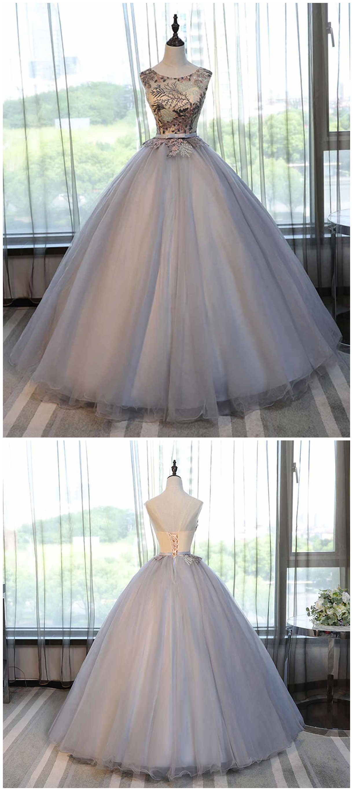 Gray Tulle Scoop Neck Long Lace Formal Prom Dress, Gray Halter Evening Dress