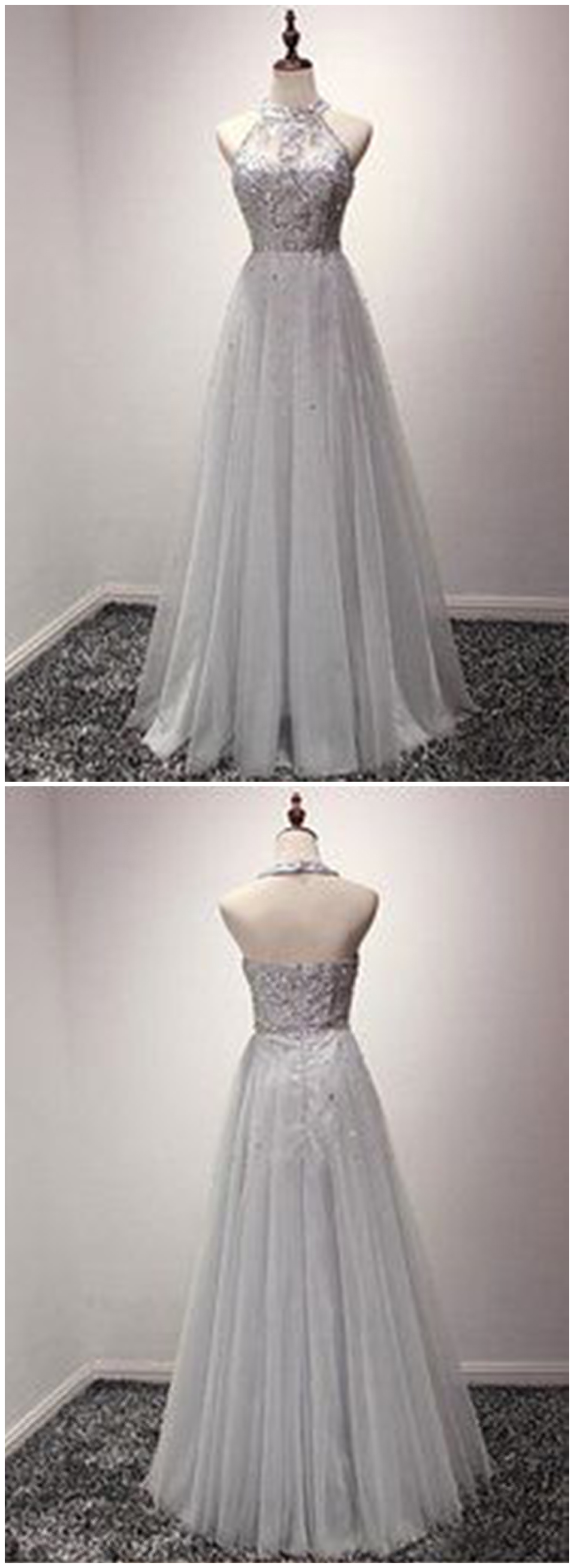 Simple Gray Tulle Backless O Neck Long Beaded Prom Dress