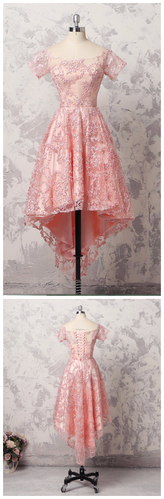 Pretty Pink Lace Short Sleeve High Low A-line Prom Dress