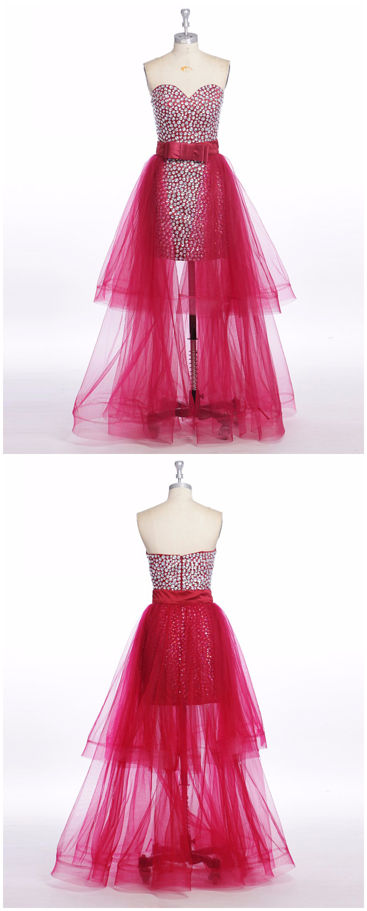 Pink Tulle Sweetheart Long Beaded Party Dress With Removable Skirt