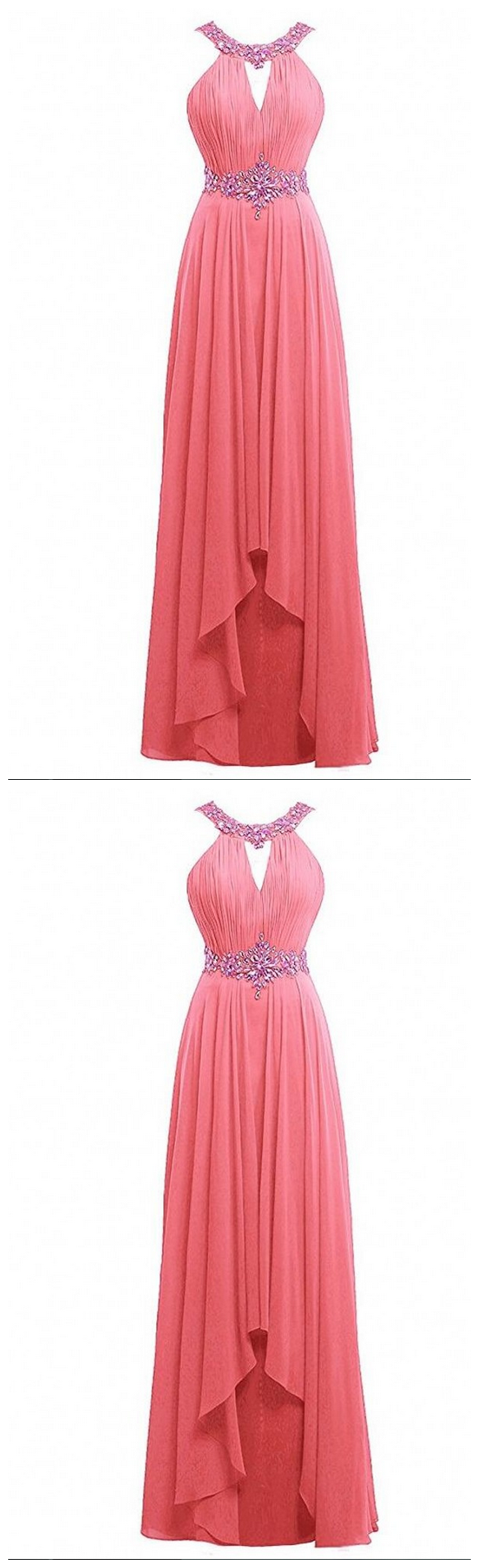 Women's Long Scoop Prom Gowns Beaded Chiffon Bridesmaid Dresses Backless Evening Gowns Pd015