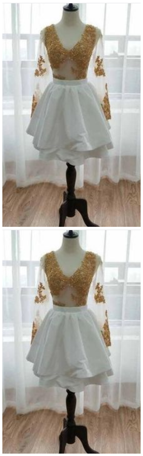 Long Sleeve V Neck White Homecoming Dresses, Gold Sequins V Neck Short Prom Dress