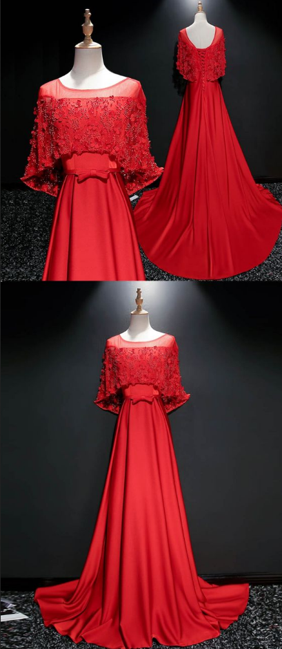 Red Prom Dresses A-line Scoop Sweep Train Satin Lace Beautiful Long Prom Dress