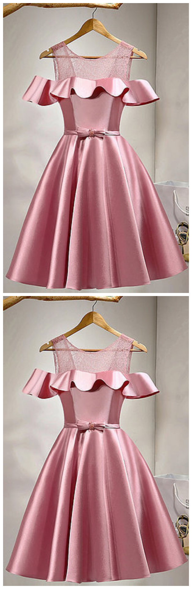 Pink Satin Short Off Shoulder Bowknot Homecoming Dresses