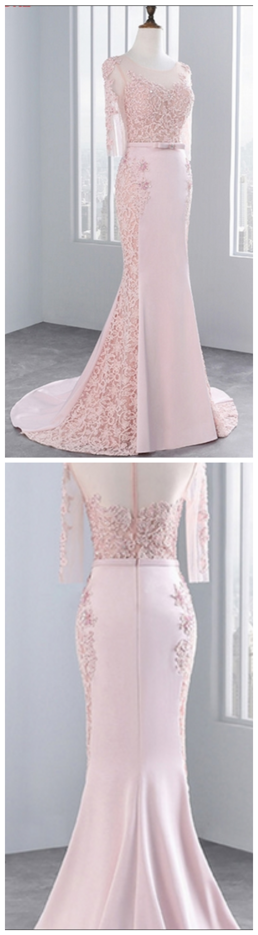 Pink Middle Sleeves, Lace Prom Dresses, Mermaid Party Evening Dress For Graduation,floor Length Formal Dress