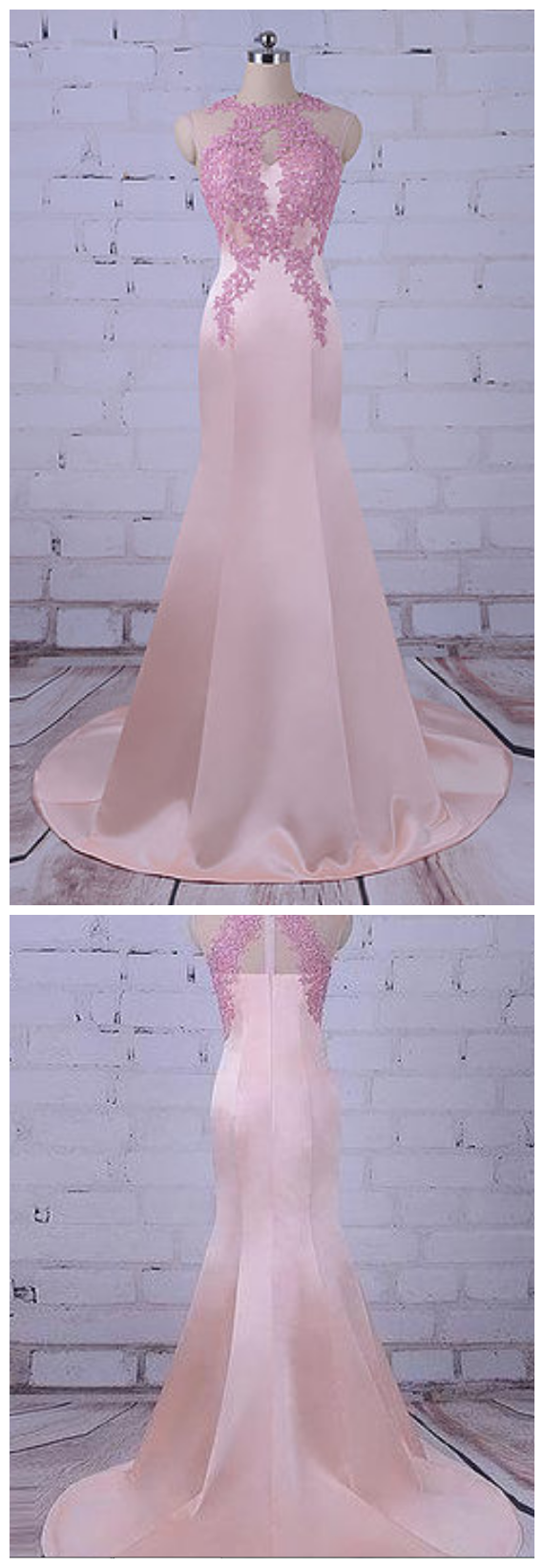 Pink Satin Long Mermaid Evening Dress, Pink Lace Appliqués Customize Prom Dress