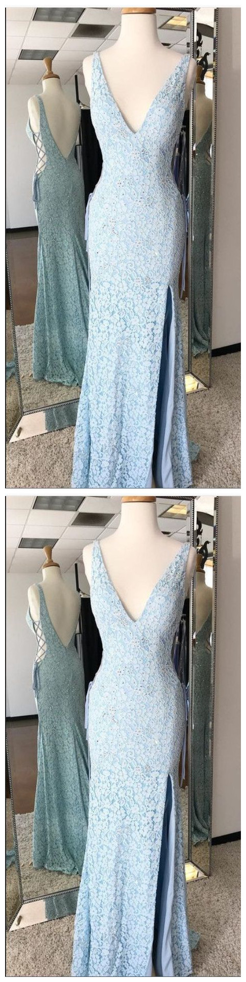 Mermaid V-neck Backless Sweep Train Blue Lace Prom Dress , Prom Dress,formal Dress