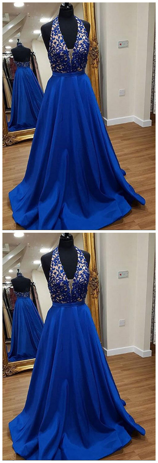 P1300 Stylish A-line Halter Royal Blue Long Prom Dress,halter Neck A Line Long Satin Royal Blue Sexy Evening Dress With Appliques,top Lace Halter
