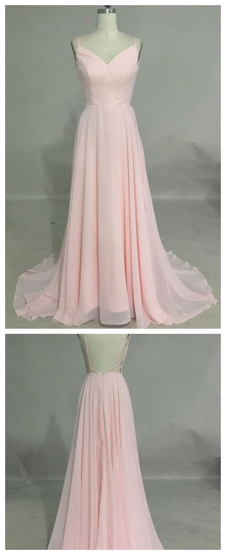 P1298 Simple V Neck Pink Long Prom Dress, Backless Pink Evening Dress,spaghetti Straps A Line Long Chiffon Backless Pink Sexy Prom Dress,a Line