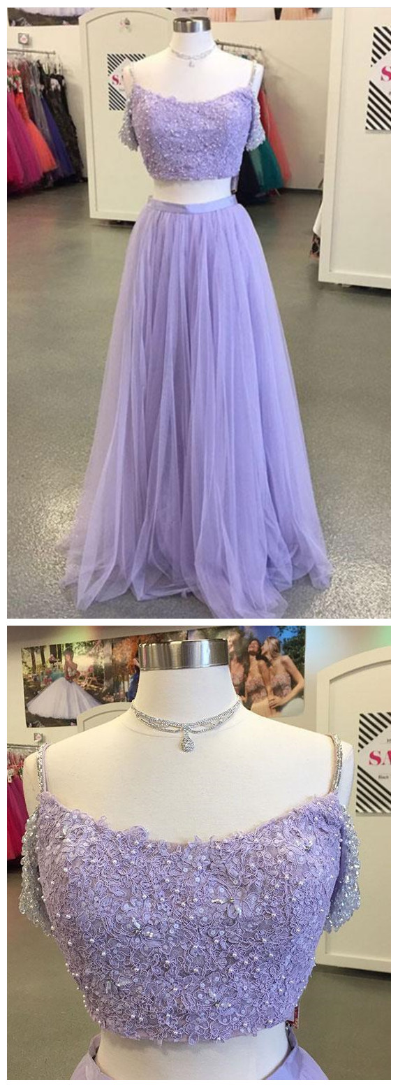 Light Purple Tulle Long Prom Dress,two-piece Lace Evening Dress,off The Shoulder Prom Party Gowns,off The Shoulder A Line Long Tulle Top Lace