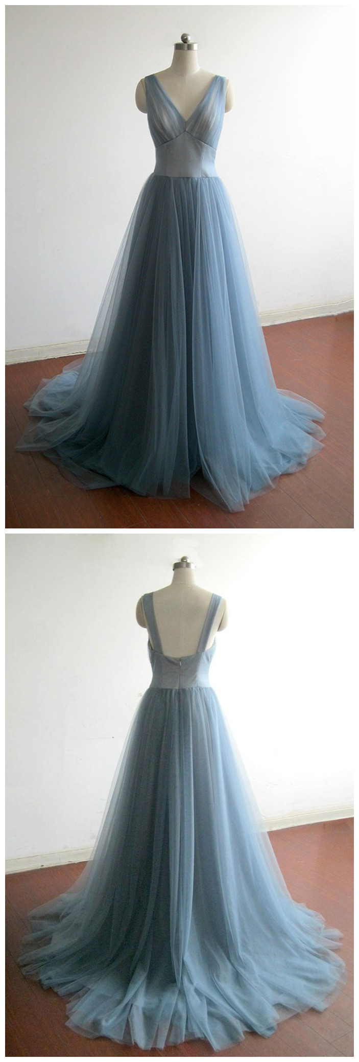 Elegant Grey Blue Tulle Long Prom Dress,v Neck Bridesmaid Dress,a Line Long Tulle Elegant Simple Long Blue Evening Dress