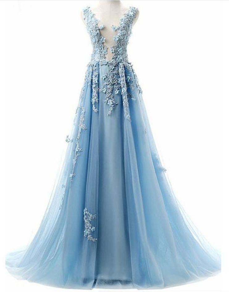 A-line Blue Tulle Prom Dress With Appliques, Long Formal Dress For Teens