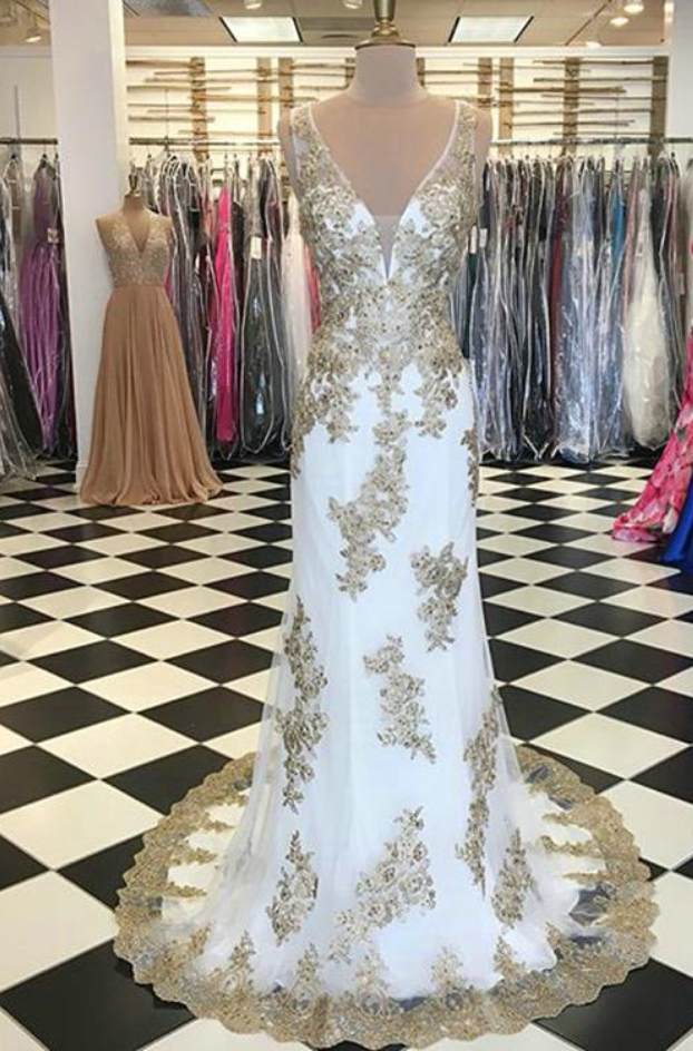 White Mermaid Prom Dresses With Gold Lace Deep V-neckline Prom Party Gowns Court Train P3265