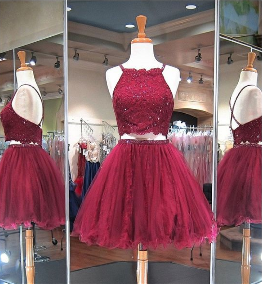 Two Piece Homecoming Dresses Lace Burgundy Short Prom Dresses
