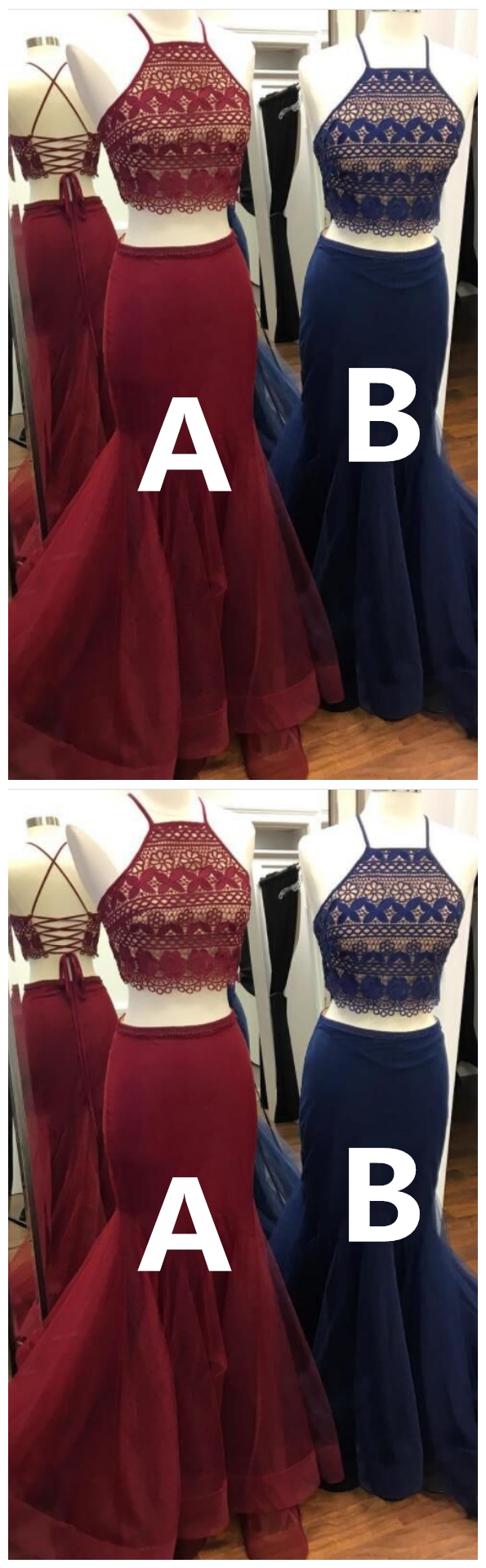 Two Piece Long Prom Dresses, Burgundy Mermaid Long Prom Dresses, Navy Blue Long Prom Dresses, Straps Party Dresses P3144