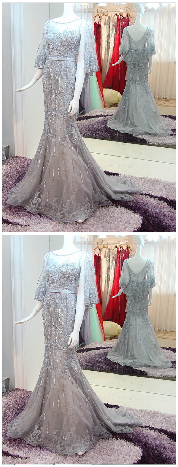 Mermaid Silver Lace Prom Dress With Sequins, Modest Mermaid Prom Dresses, Unique Evening Gowns P2911