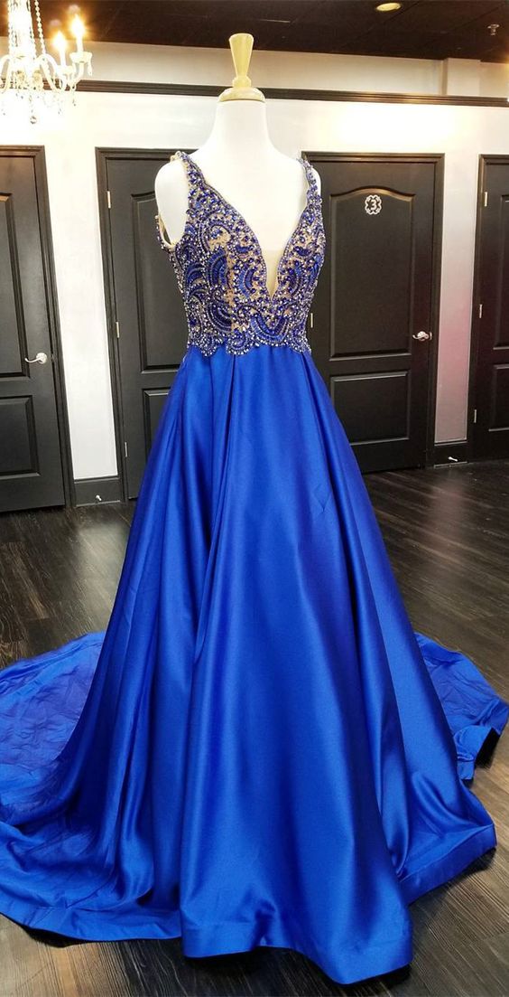 Gorgeous V Neck Royal Blue Long Prom Dress With Train, 2018 Prom Dress, Beaded Royal Blue Long Prom Dress, Party Dress P2886