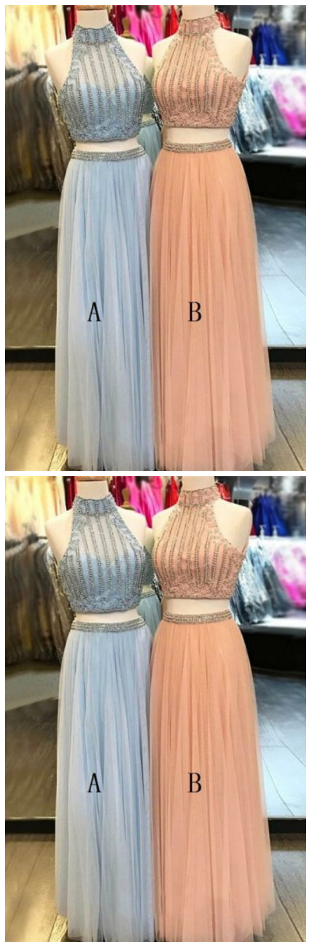Two Piece A-line High Neck Floor-length Light Blue Tulle Prom Dress With Beading, Modest Two Piece Light Blue Long Prom Dresses With Beading,