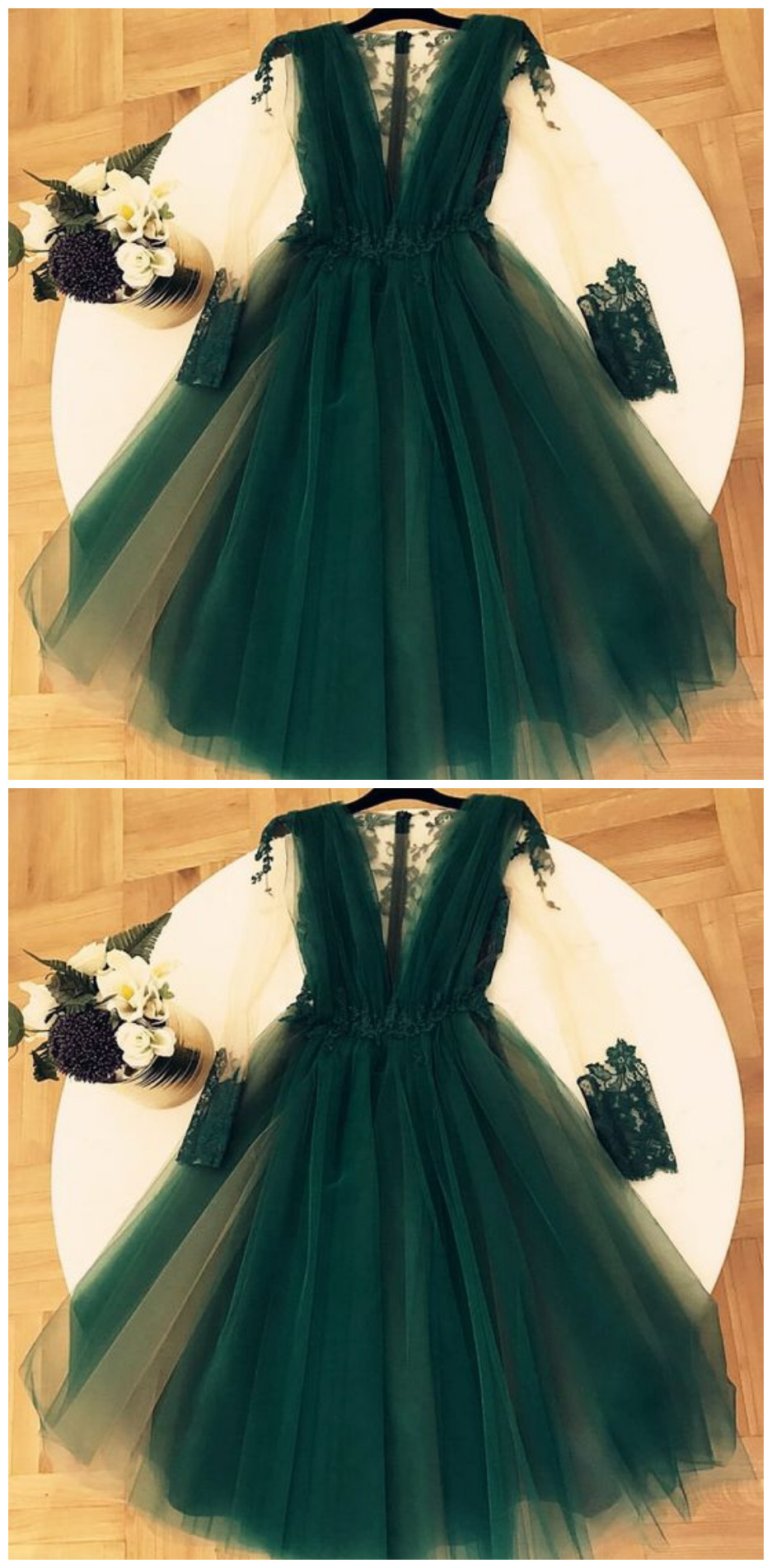 Cute A-line V-neck Tulle Long Sleeves Homecoming Dress Lace Appliques Prom Short Dress For Cocktail Party P2509