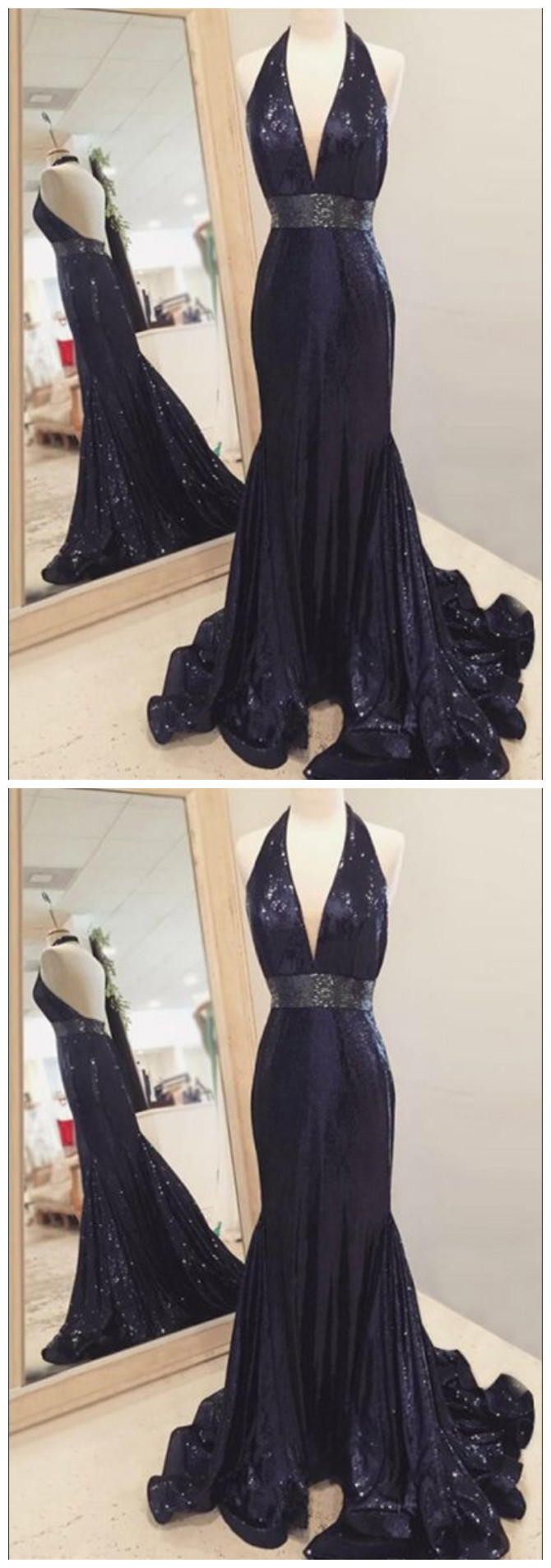 Mermaid Halter Backless Sweep Train Navy Blue Sequined Prom Dress With Ruffles, Modest Navy Blue Halter Sequined Long Prom Dresses, Elegant