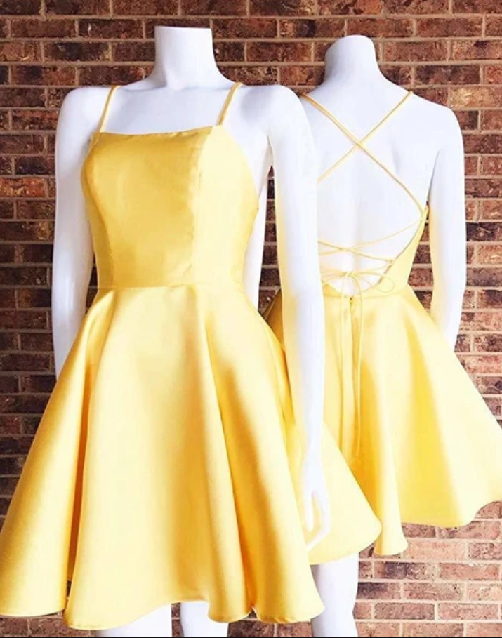 Sassy Wedding Yellow Mini Evening Dresses Satin Racer-back Women Dresses Spaghetti-straps Fashion Dress A-line Homecoming Dress