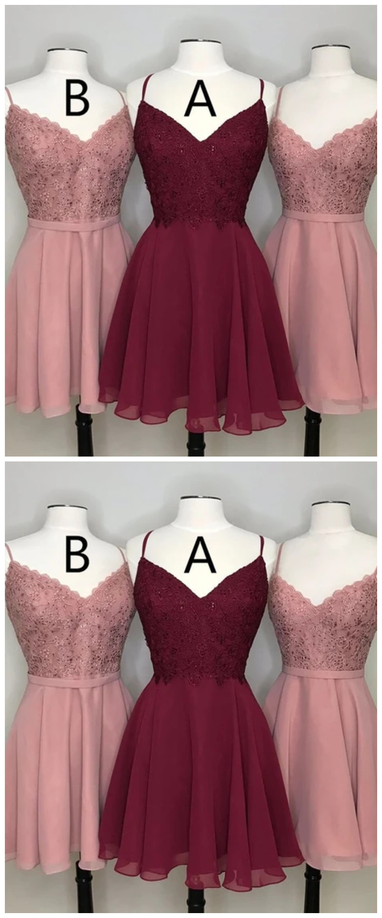Sassy Wedding Pink/burgundy Sleeveless V-neck Applique Mini Evening Dress Chiffon Spaghetti-straps Homecoming Dress