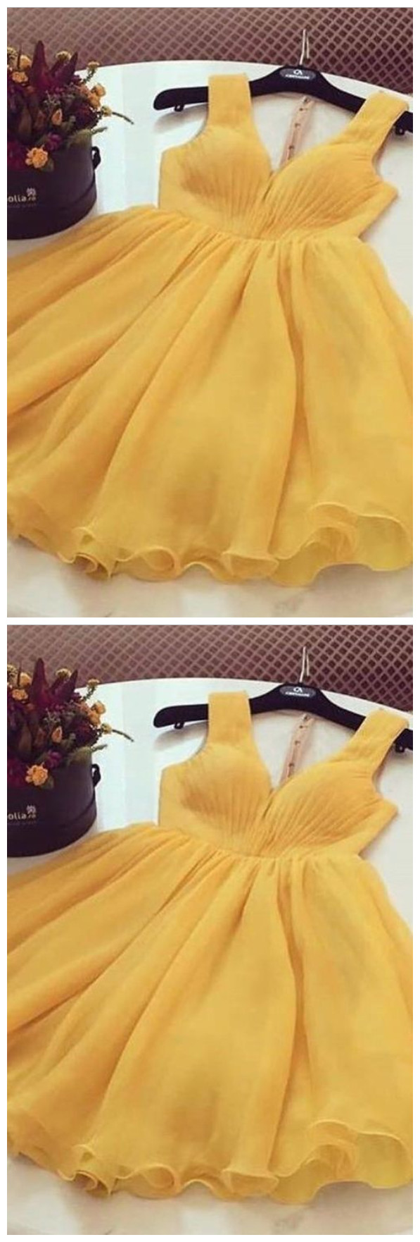 Sassy Wedding Yellow V-neck Short Homecoming Dresses Graduation Dress