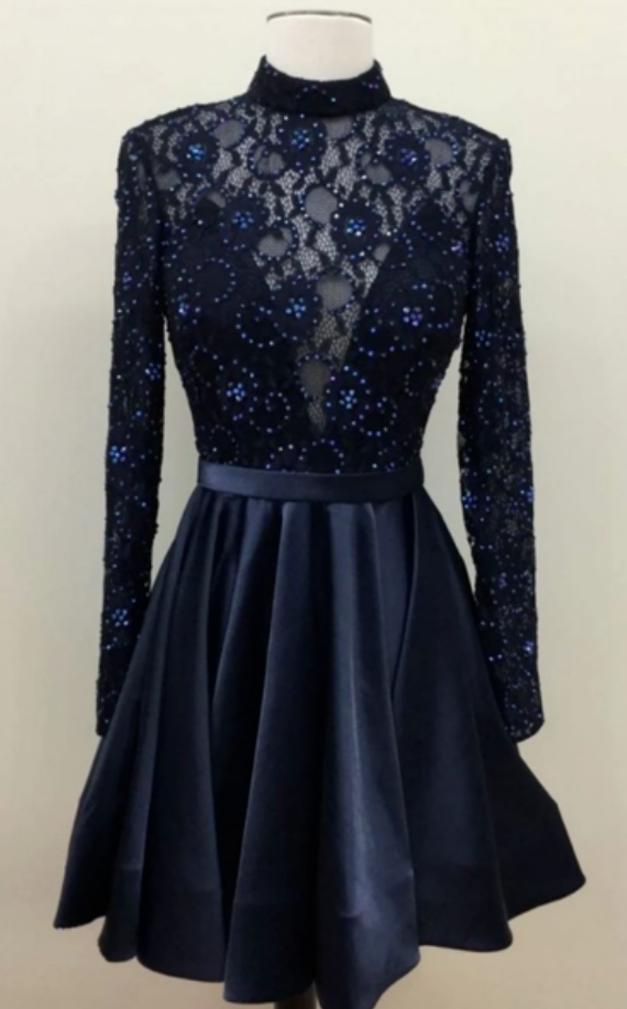 Sassy Wedding Dark Blue Lace Short Prom Dress, Lace Cute Homecoming Dress