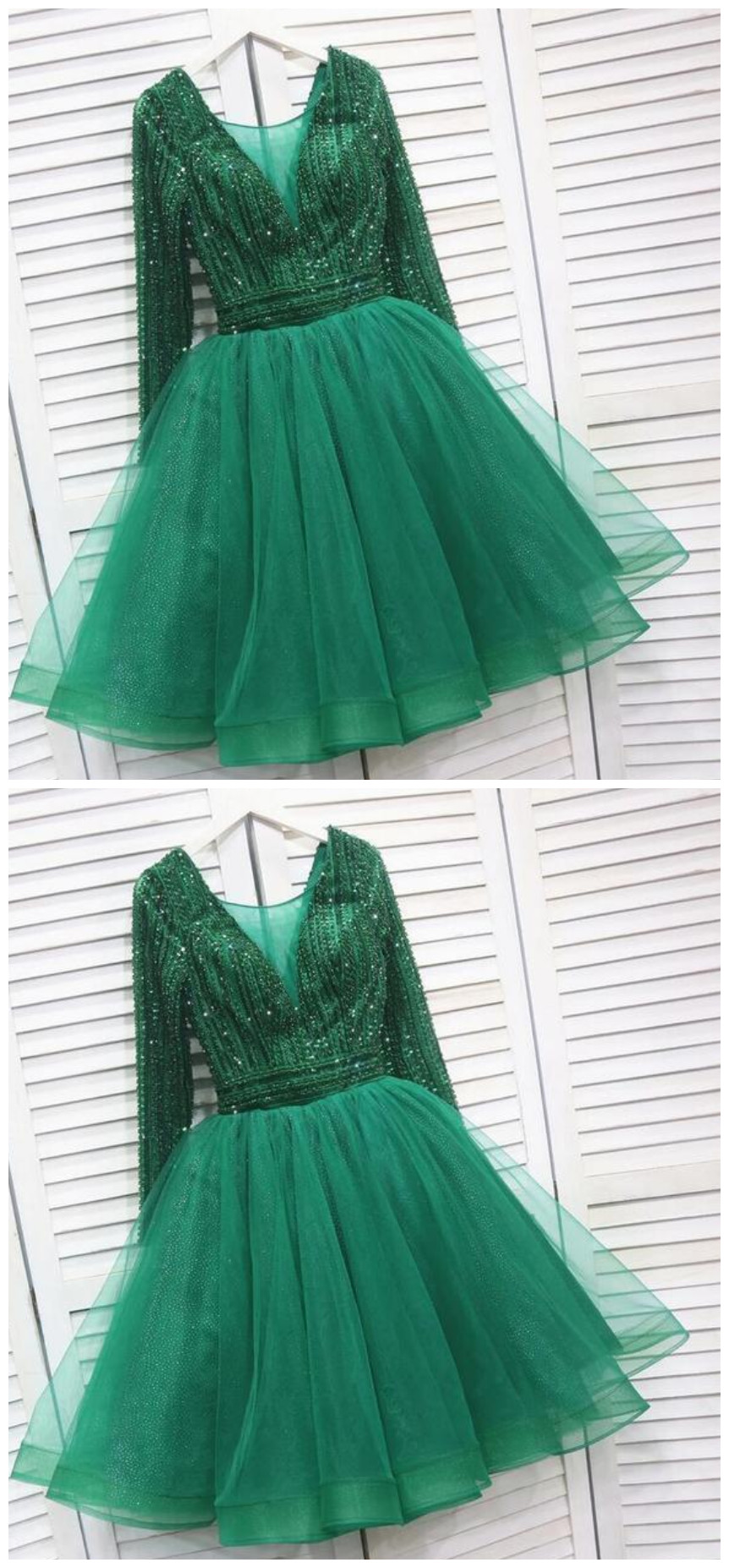 Sassy Wedding Sparkly Tulle Emerald Green Short Homecoming Dress, Beaded Prom Dress
