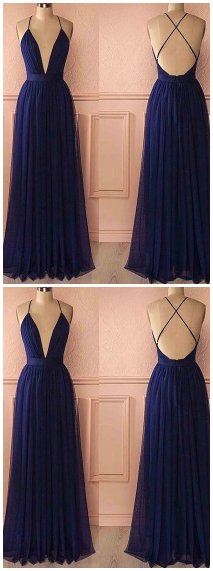 Sassy Wedding Sexy Backless Chiffon Navy Evening Dress, Long Party Gown