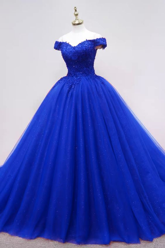 Sassy Wedding Royal Blue Tulle Ball Gown Appliques Off The Shoulder ...