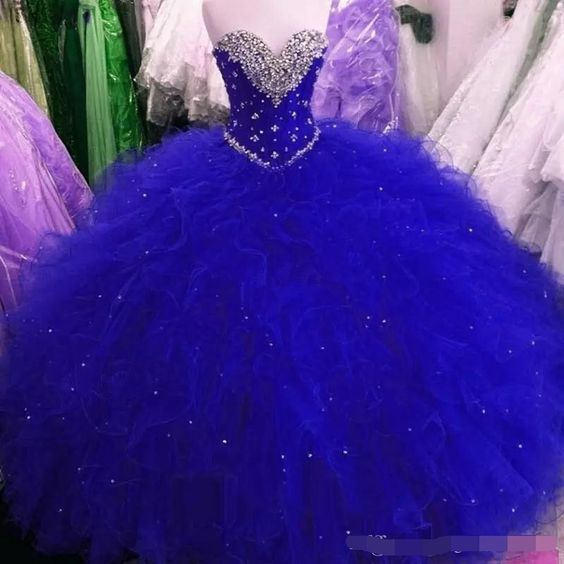 Sassy Wedding Sweetheart Neck Royal Blue Crystal Beading Tulle Quinceanera Dresses, Ruffles Ball Gown Prom Dresses