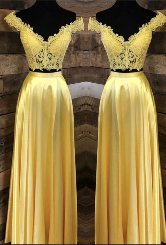 Sassy Wedding Off Shoulder Yellow Two Piece Prom Dress, Lace Evening Dress