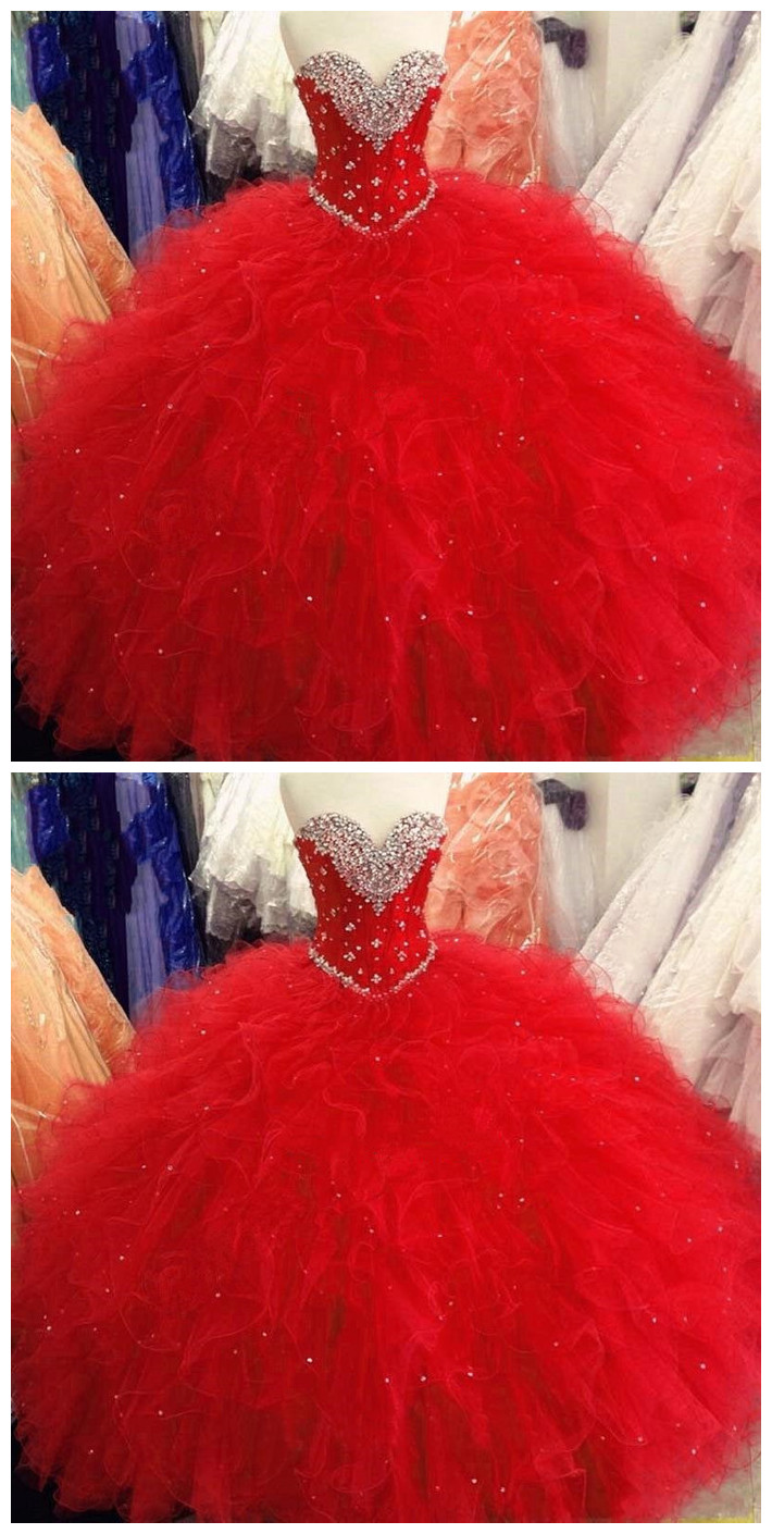 Princess Ball Gown Red Sweet 16 Dresses Beaded Lace Up Gowns Ruffles Quinceanera Dress