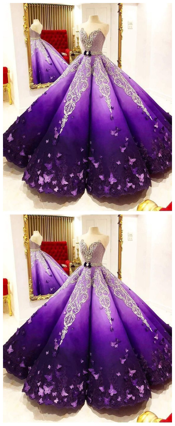 Strapless Butterfly Quinceanera Dress Purple Ball Gown