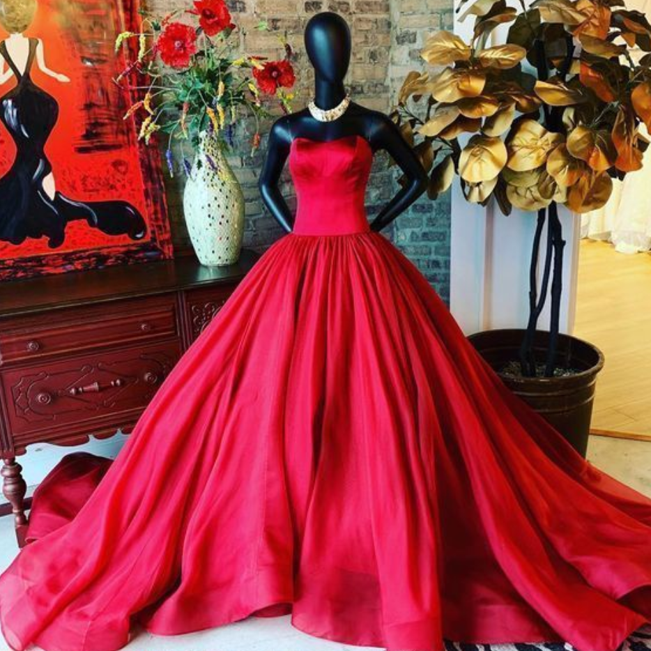 Red strapless store ball gown