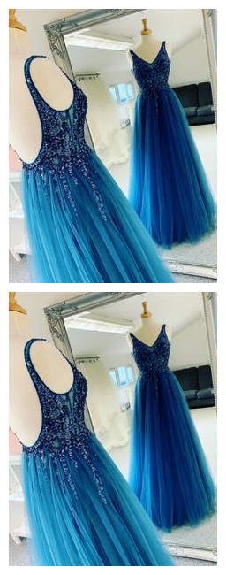 V Neck Tulle Beads Long Prom Dress, Blue Evening Dress