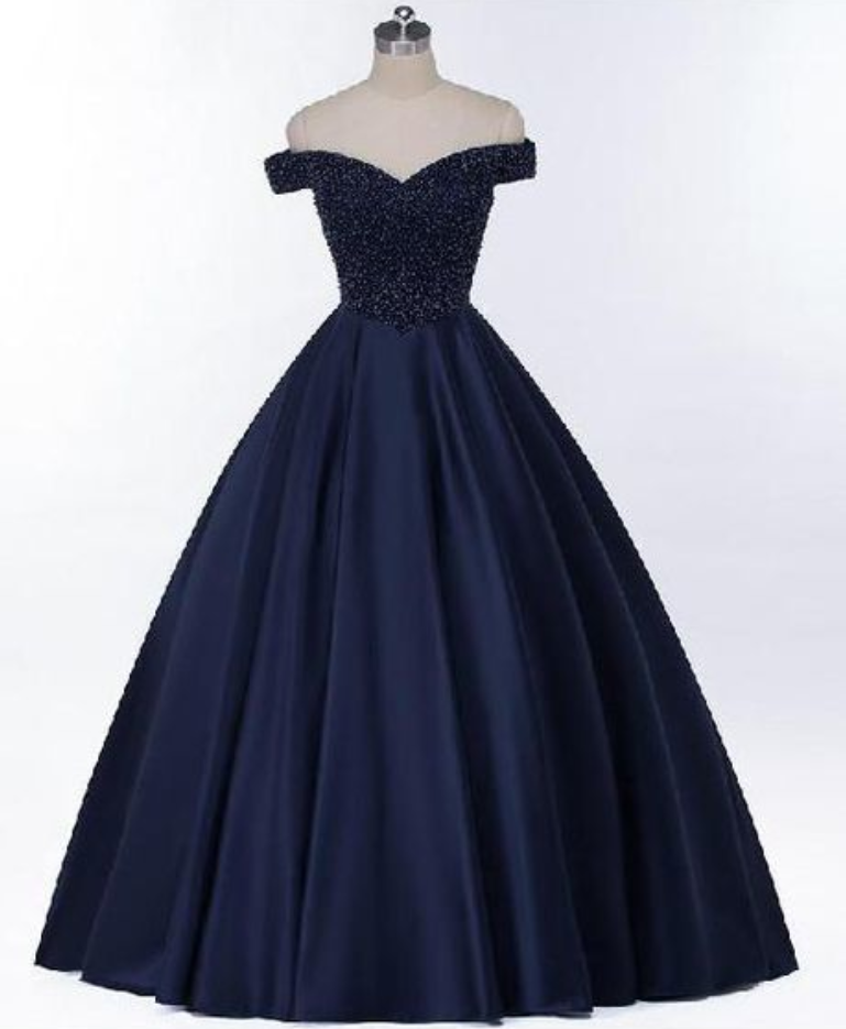 Elegant Sheath Off Shoulder Long Sleeve Beaded Navy Blue Evening Dress For Women
