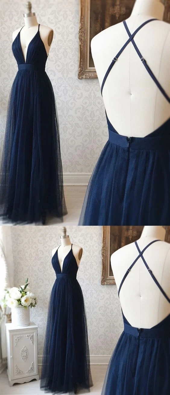 A Line V Neck Navy Blue Backless Prom Dresses Dark Navy Blue Backless