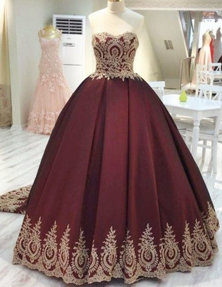 Vintage Gold Lace Appliques Wedding Dresses, Sweetheart Burgundy Satin Quinceanera Dresses, Ball Gowns Wedding Dresses