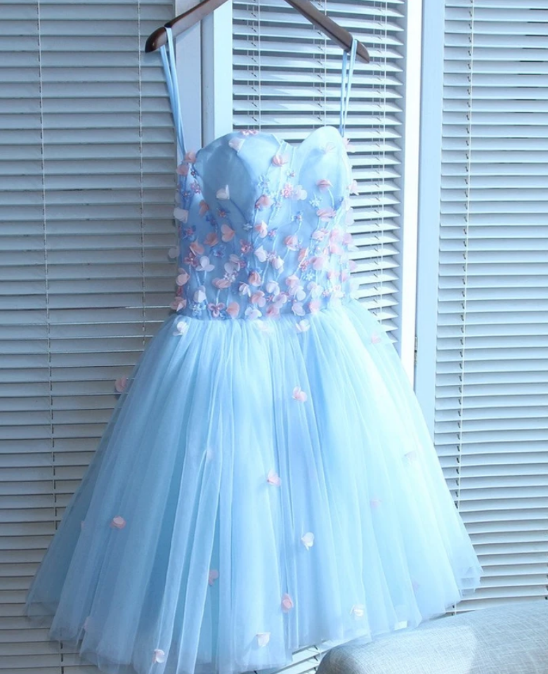 Sweetheart Short Handmade Party Dress, Blue Flowers Homecoming Dress