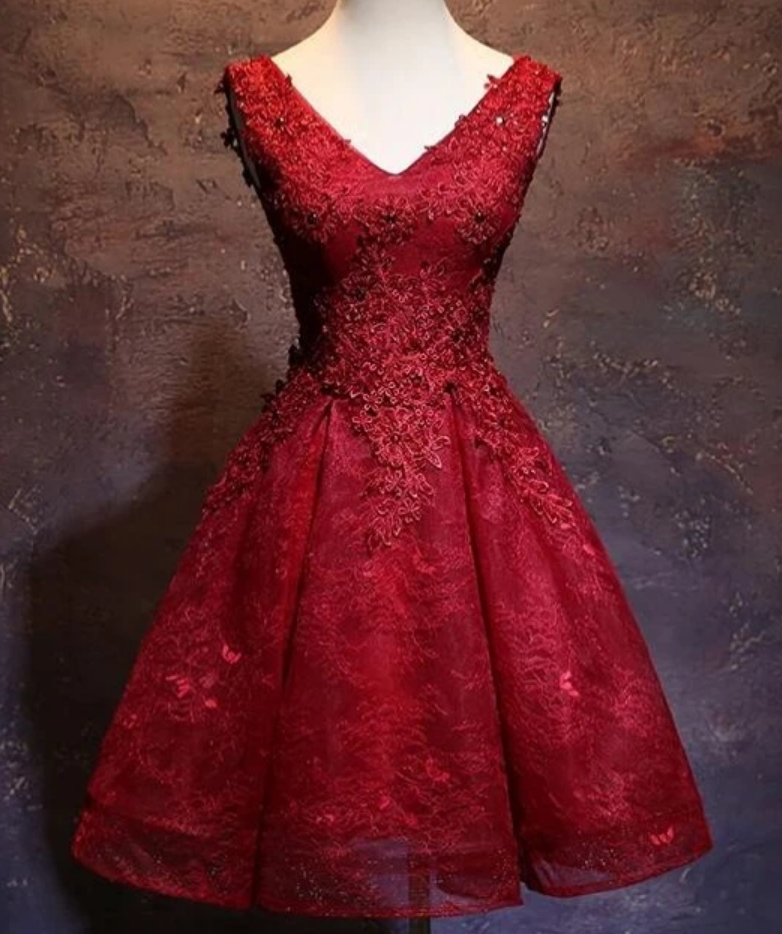Wine Red Short Lace Cute Homecoming Dress, V-neckline Lace-up Teen Party Dress