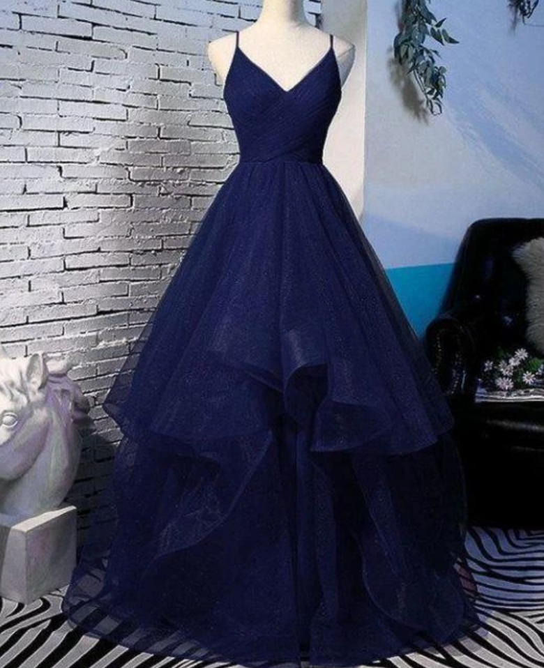 Charming Spaghetti Strps Navy Blue Prom Dress 2021, Tulle Layers Long Evening Gown