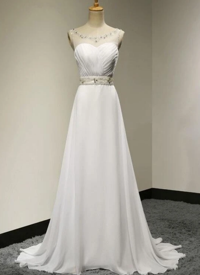 Chiffon Simple Beaded Round Neckline Long Prom Dress, White Formal Dress