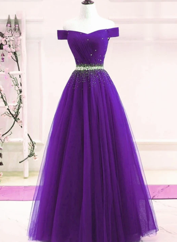Tulle Off Shoulder Long Party Dress, Beaded A-line Prom Dress