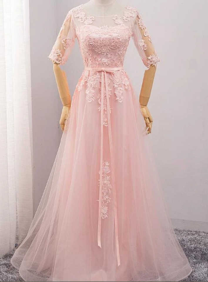 Tulle Short Sleeves Long Bridesmaid Dress, Evening Gown