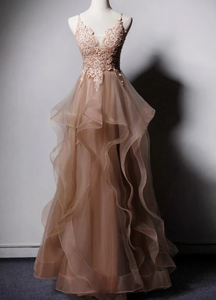 High Quality Tulle V-neclike Long Prom Dress, Lace Applique Straps Party Dress