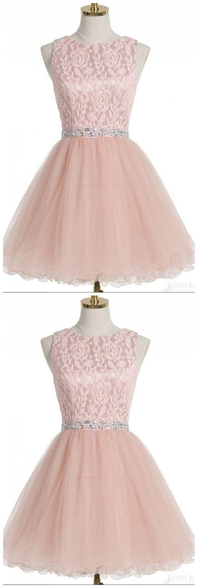 Cute Pink Organza Round Neck Lace A-line Short Dresses